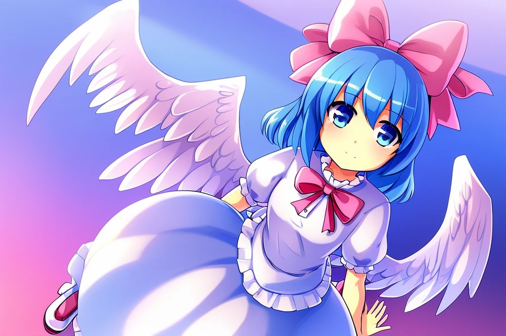 masterpiece, best quality, 1girl, , , 10 years old, medium blue hair, hair flaps, pink ribbon on head, well-formed face, blue eyes, angel girl, white blouse, puffy short sleeves, red ribbon, angel wings, long white skirt, red shoes, frills, ribbon head