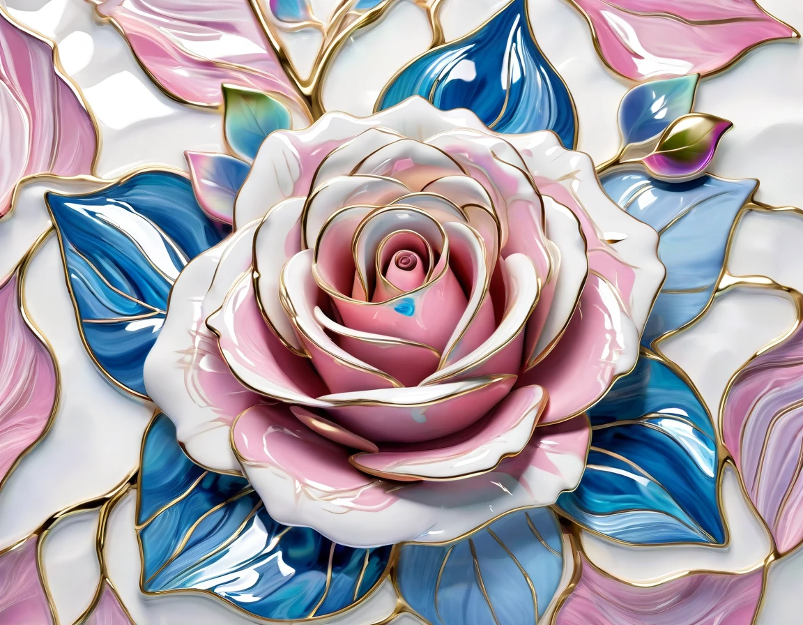 A magnificent work of art: a rose surrounded by a leaf pattern, on a white background in soothing white, blue and pink tones with a thin gold stripe along the edges of the petals. 3D illustration, ceramic style, glossy reflective surface, smooth and shiny, flowing shapes, abstract creativity, porcelain expressionism, exquisite design,Xill,blingbling