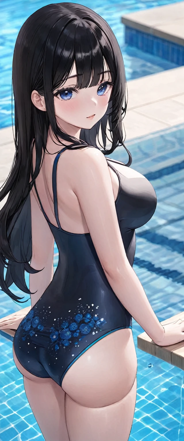After the pool、Standing on my knees、Beautiful thighs、School Swimsuit、Big Breasts、Black hair semi-long hair、Fair skin、solo、woman