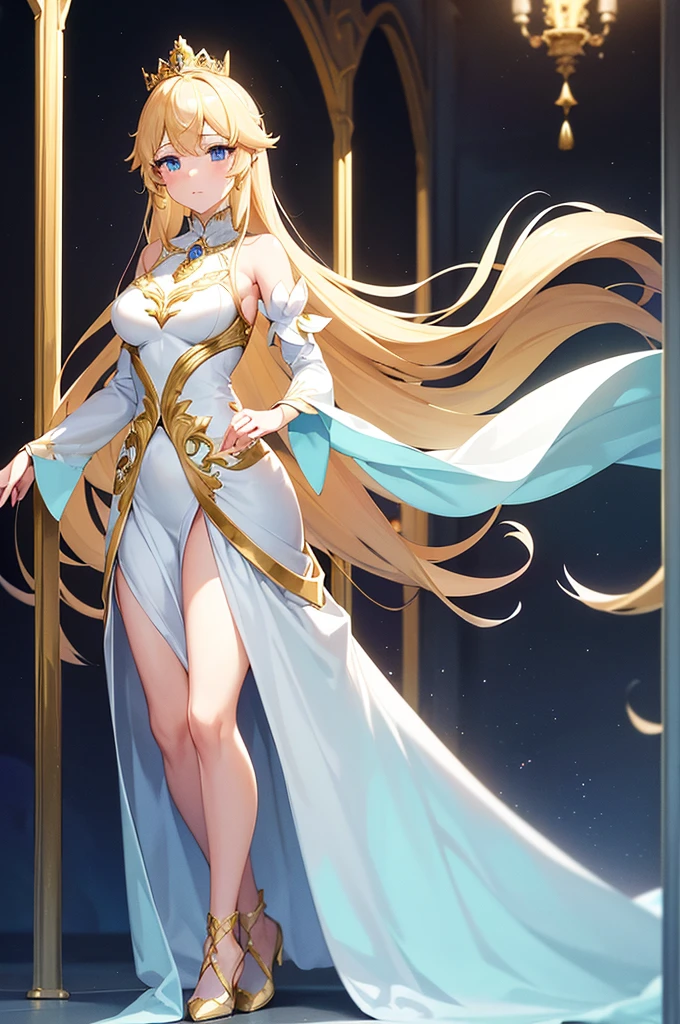 Content:
An anime princess with blonde hair, wearing a white dress that covers most of her body, with a gold crown. She exudes reality, with one hand to her chest.

Medium:
Digital art, anime illustration.

Style:
Inspired by beautiful anime, ethereal fantasy themes, and lovely languid aesthetics. Incorporates elements of classic anime princess designs and the grace of a beautiful anime woman.

Lighting:
Soft, glowing lighting that creates an ethereal and dreamlike atmosphere. Subtle highlights to emphasize her delicate features and the intricate details of her attire.

Colours:
A palette dominated by whites, golds, and soft pastels to highlight her purity and royal status. The background features the inside of a royal castle.

Composition:
A full-body shot, capturing her in a graceful and poised stance. The gold crown is prominent, adding to her regal appearance. Her dress should be covering most of her body, revealing little to no skin.