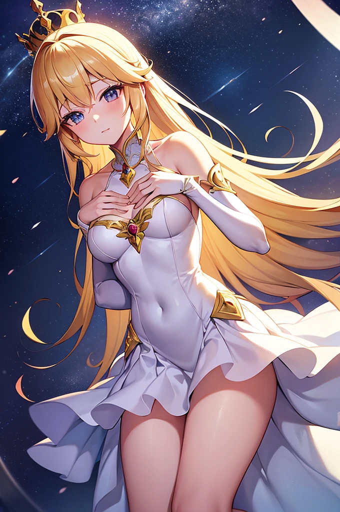 Content:
An anime princess with blonde hair, wearing a white dress that covers most of her body, with a gold crown. She exudes reality, with one hand to her chest.
Medium:
Digital art, anime illustration.
Style:
Inspired by beautiful anime, ethereal fantasy themes, and lovely languid aesthetics. Incorporates elements of classic anime princess designs and the grace of a beautiful anime woman.
Lighting:
Soft, glowing lighting that creates an ethereal and dreamlike atmosphere. Subtle highlights to emphasize her delicate features and the intricate details of her attire.
Colours:
A palette dominated by whites, golds, and soft pastels to highlight her purity and royal status. The background features the inside of a royal castle.
Composition:
A full-body shot, capturing her in a graceful and poised stance. The gold crown is prominent, adding to her regal appearance. Her dress should be covering most of her body, revealing little to no skin.