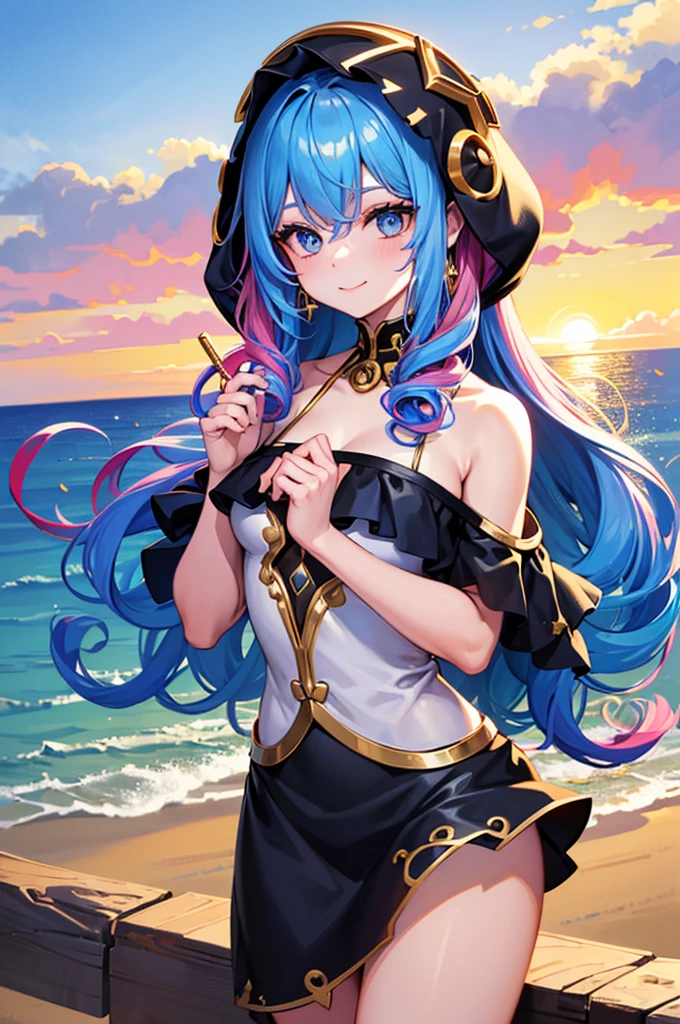 1 girl, (iridescent hair, colorful hair, half blue and half pink hair: 1.2), 17 years old, blue_sky, holding a magic wand, summer (season), petals_on_liquid, black cloak with hood, red and black torn dress, skirt: 1.2, (gold long curly hair: 1.5), sky, outdoor, clouds, bangs, smile, sky blue eyes, bare shoulders, perfect hands, Hand details, repaired fingers. Earrings, sea + background, looking_at_viewer, cowboy shot, top quality, rich detail, perfect image quality, sunrise