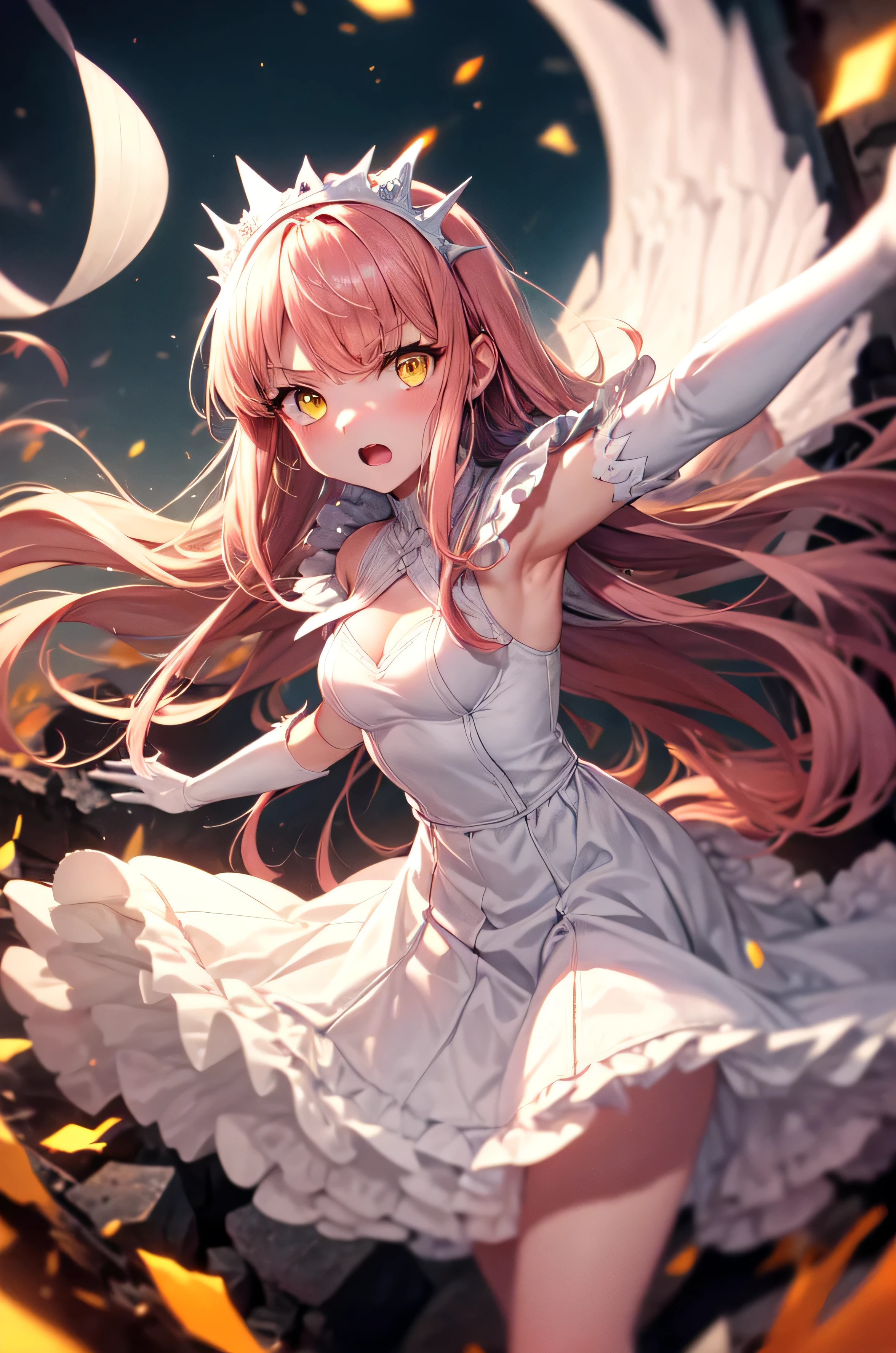 1 girl, cowboy shot, rubble ruins, anger, (battle preparation:1.2), open your mouth, (night:1.2), explosive inflammation, woman, medb, long hair, pink hair, (yellow eyes:1.5), elbow gloves, gloves, white gloves, dress, white dress, skirt, white skirt, tiara, highest quality, masterpiece, High resolution, arm out, 