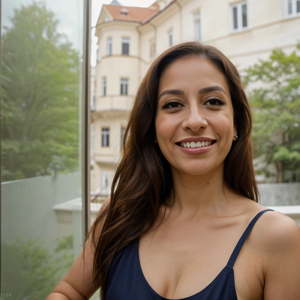 solo, realistic, intricate, portrait of sks woman in Prague, at the Prague Castle, (((ugly:1.5))), bold, (((mature Latina profile))), (((a photo of 38-year-old Latina woman))), (((consistent Latina eyes, nose, lips, face, and body))), (((long brunette hair)), smiling with small teeth, she is wearing a casual dress and taking a pose on a glass window on a balcony as her major background