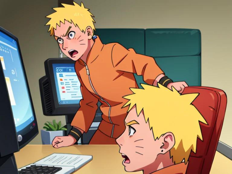 1 chico, Naruto Uzumaki, blonde spiky hair, angry, working in call center, yelling at a computer, medium body, (headphones in the ears), 