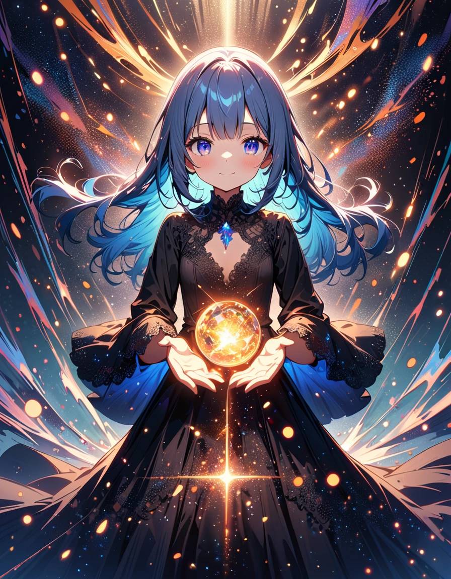 masterpiece, best quality, extremely detailed, (illustration, official art:1.1), 1 girl ,(((( light blue long hair)))),pale blue hair,loli, long hair ((blush)) , cute face, big eyes, masterpiece, best quality,(((((a very delicate and beautiful girl))))),Amazing,beautiful detailed eyes,blunt bangs((((little delicate girl)))),tareme(true beautiful:1.2), sense of depth,dynamic angle,,,, affectionate smile, (true beautiful:1.2),,(tiny 1girl model:1.2),)(flat chest)、(ultra-detailed, perfect pixel, highres, best quality, beautiful eyes finely detailed), female, magic aura,a black dress, long red pelerine, papers, elegant, the background is full of magical particles. lens flare, glowing light, reflection light, motion blur, 8k, super detail, accurate, best quality, Ray tracing.oil art,godess holding the universe in her hands,