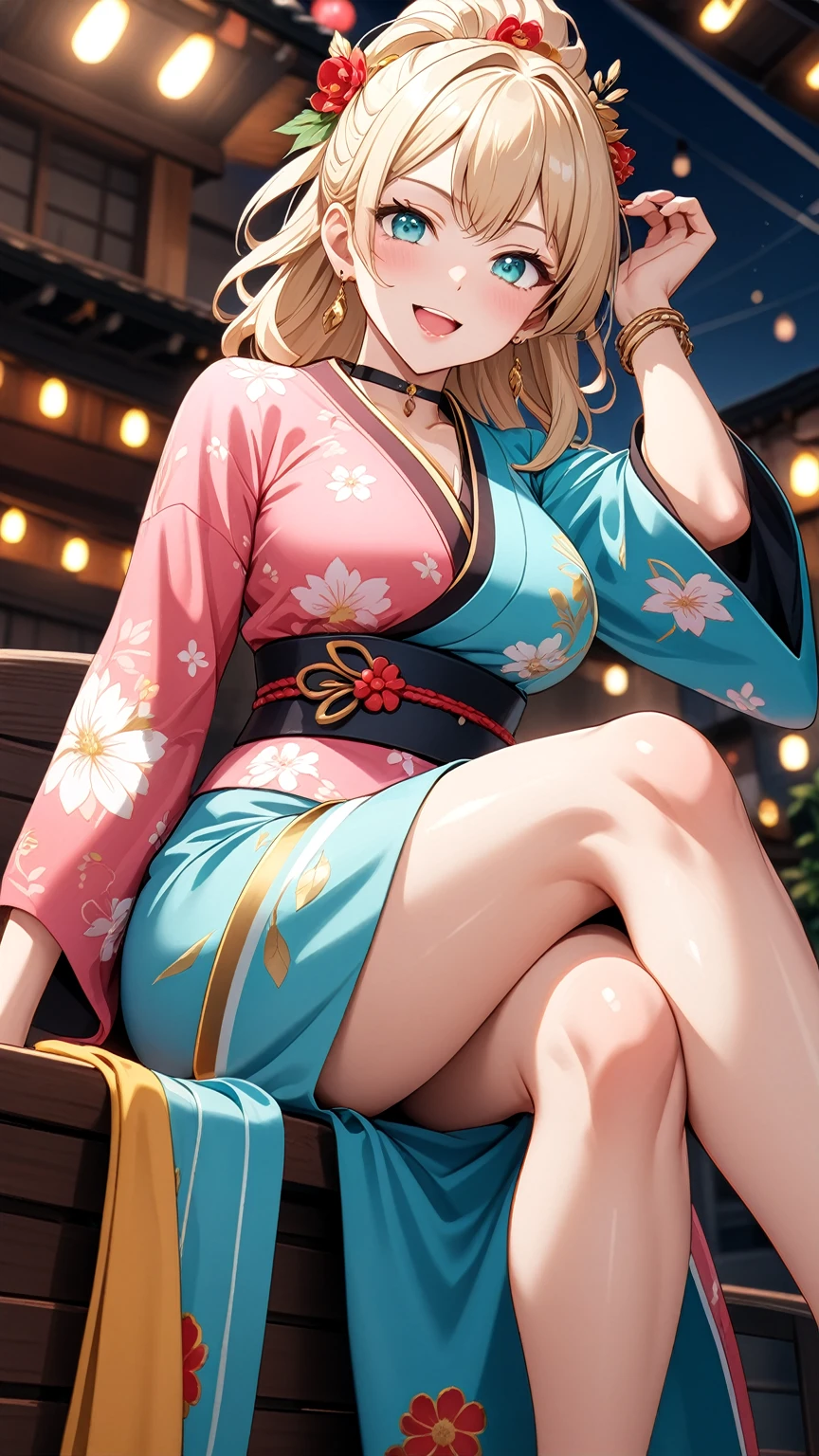 ((One personの女性)), Beautiful Face,(Laughing embarrassedly), (naughty face:1.2), (Wink:1.9), (head tilt:1.3), Laughing with your mouth open, upper teeth, ((Bright red cheeks:1.4)),Glossy pink lips, ((crossed legs:1.4)), (panty shot), looking down at viewer,Touching hair with hands,looking at viewer,Shining Face, rooftop, Festival decorations, firework, ((Anime style background)),masterpiece, Highest quality, so beautiful,up to date, Complex details, (Pink long nails),(ring),(bracelet),(choker),AI-generated, Complex,High resolution, Highest quality, super high quality,3D Images、3D Images,One person,Long blonde hair,ponytail, wavy hair ,Anime woman posing for a photo, ((Fine grain、Turquoise Eyes、Shining Eyes:1.3)), (Squint your eyes:1.1),a hyperRealistic , hyperRealistic , Realistic,Anime woman with long white hair, Smooth anime CG art, A woman in a colorful kimono with gold embroidery, (Pink long sleeve kimono),Red floral pattern,Long flower hair ornament,Earrings,Mature Body,(Big Breasts:1.1),Tall,Abdominal muscles,Tight waist,(Zoom up to face:1.0), ((from the side and slightly from below)),