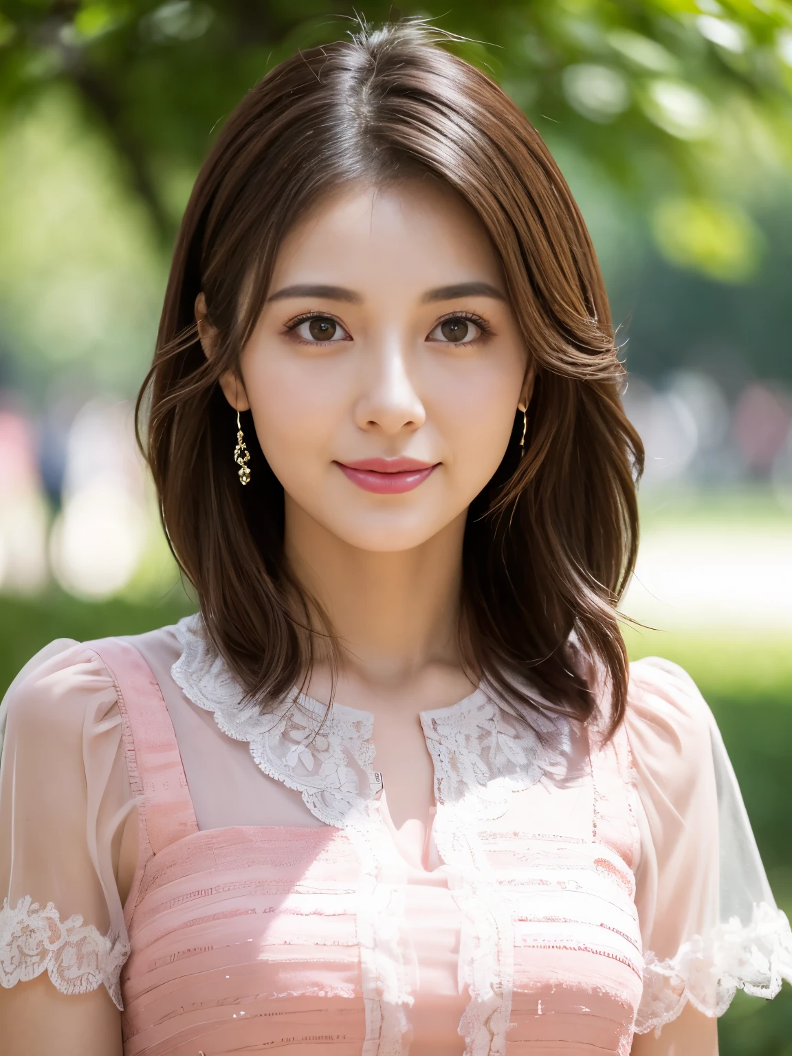 (RAW Photos), (Photo Real), (masterpiece), (Highest quality), High resolution, 8K resolution, (Intricate details), (Volumetric Light), Portraiture, woman, 30 years old, Medium Hair, Layered Hair, Brown Hair, Highly detailed eyes, Source order, Very thin eyebrows, Highly detailed skin, Highly detailed mouth, Highly detailed nose, Cute like an idol, smile, ((Pink lipstick)), ((Look at the viewers)), (An elegant and transparent red see-through short-sleeved dress), ((Randomly oriented bodies)), Green park background,