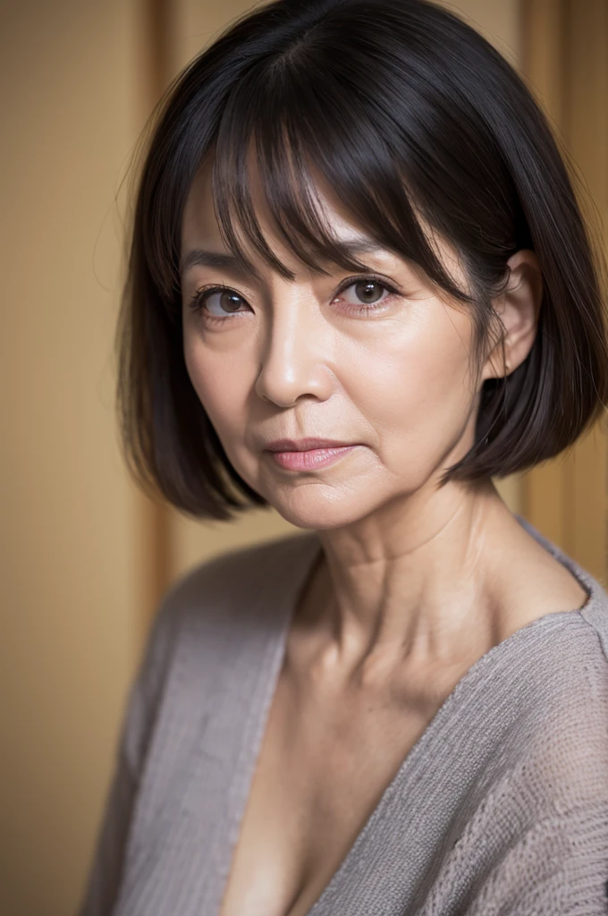 Elderly、Mature Woman、Aunt、Wrinkles、Beauty Witch,face,ID photo,faceアップ,60age、Portraiture, 8K, high quality, Realistic Photographic Images, age, Japanese women, Neat and clean wife, Small breasts, small, housewife, Natural and realistic eyes, Japan Person Stand, small, beautiful Black Hair, short hair, light makeup, Octane Rendering, Beautiful lighting, Golden ratio composition, 笑face, Casual wear, Casual clothing, Natural background, Blurred Background, 8K, high quality, Realistic Photographic Images, Japanese women,60age, 純日本face, Beautiful wife, small breasts, light makeup, No makeup, Pure beauty, Mature Woman, gray, beige, Thin blue, Sober, Casual clothing, 笑face, Black Hair, small black eyes, Background Blur