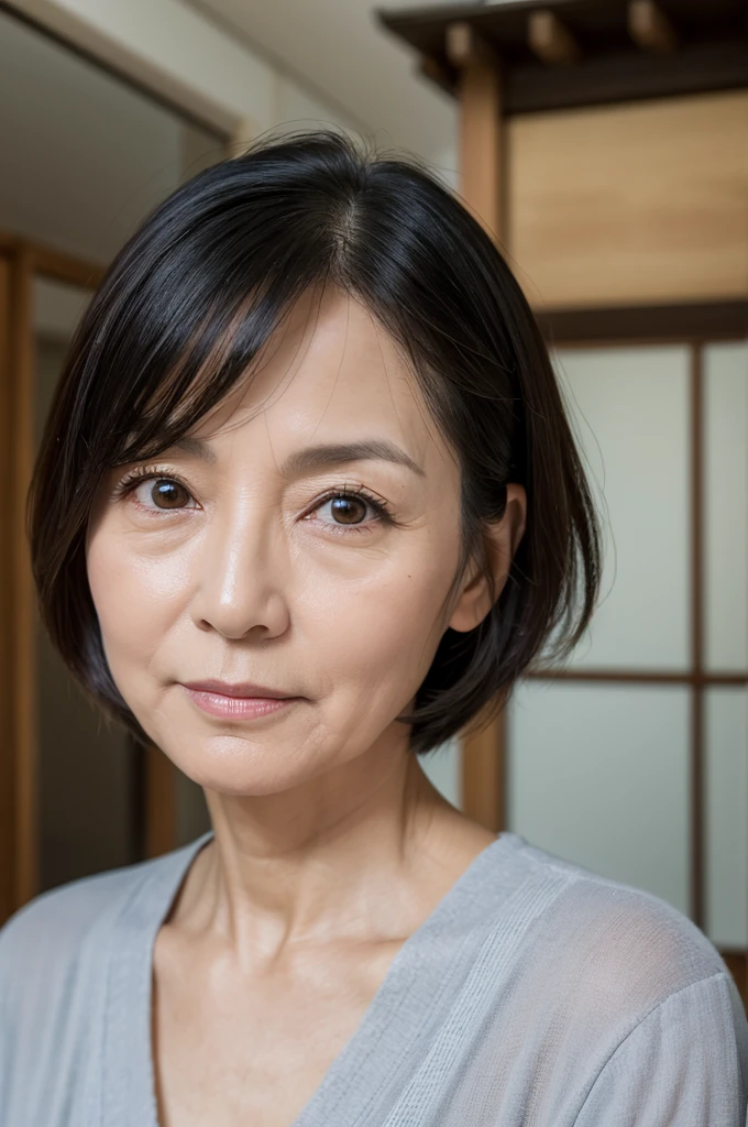 Elderly、Mature Woman、Aunt、Wrinkles、Beauty Witch,face,ID photo,faceアップ,60age、Portraiture, 8K, high quality, Realistic Photographic Images, age, Japanese women, Neat and clean wife, Small breasts, small, housewife, Natural and realistic eyes, Japan Person Stand, small, beautiful Black Hair, short hair, light makeup, Octane Rendering, Beautiful lighting, Golden ratio composition, 笑face, Casual wear, Casual clothing, Natural background, Blurred Background, 8K, high quality, Realistic Photographic Images, Japanese women,60age, 純日本face, Beautiful wife, small breasts, light makeup, No makeup, Pure beauty, Mature Woman, gray, beige, Thin blue, Sober, Casual clothing, 笑face, Black Hair, small black eyes, Background Blur