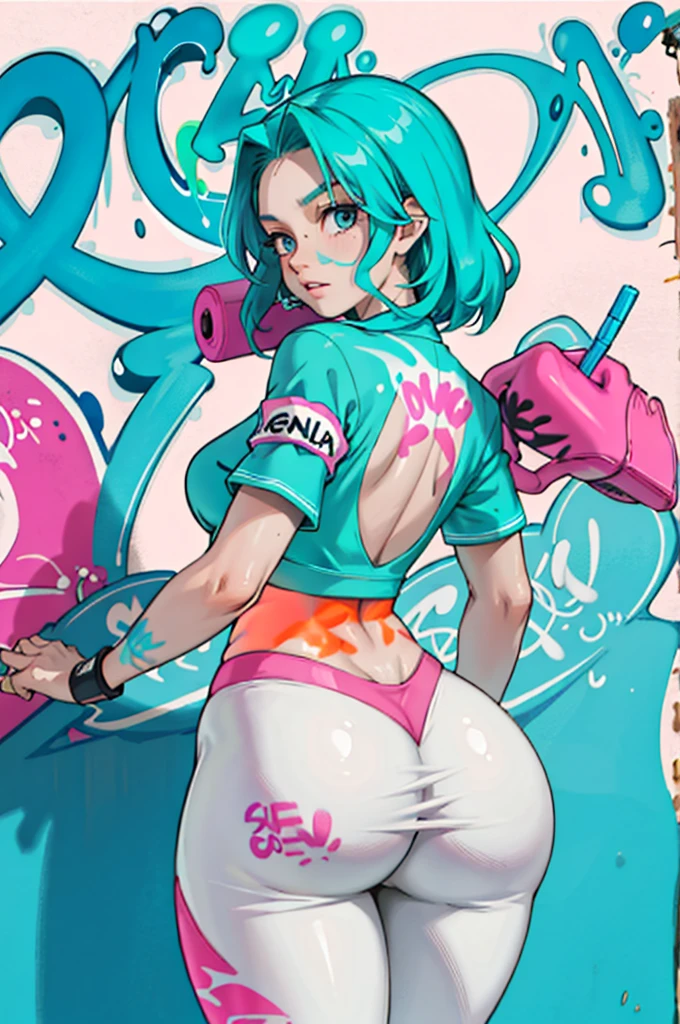 masterpiece, best quality, 14 year old cute girl, long hair, (younger face:1.4), 1 ager, alone, crop top, fitness leggings, collar, (from behind:1.4), Fuck ass, Thick thighs, curvy, thin waist, (big ass, butt crack, grabbing own ass)), (Graffiti:1.5), paint splatter, Put your arms behind your back, (back alley:1.5), looking at the audience, armband, skin tight leggings, thigh strap, head tilt, colorful hair (pink, blue), aqua eyes, earphone