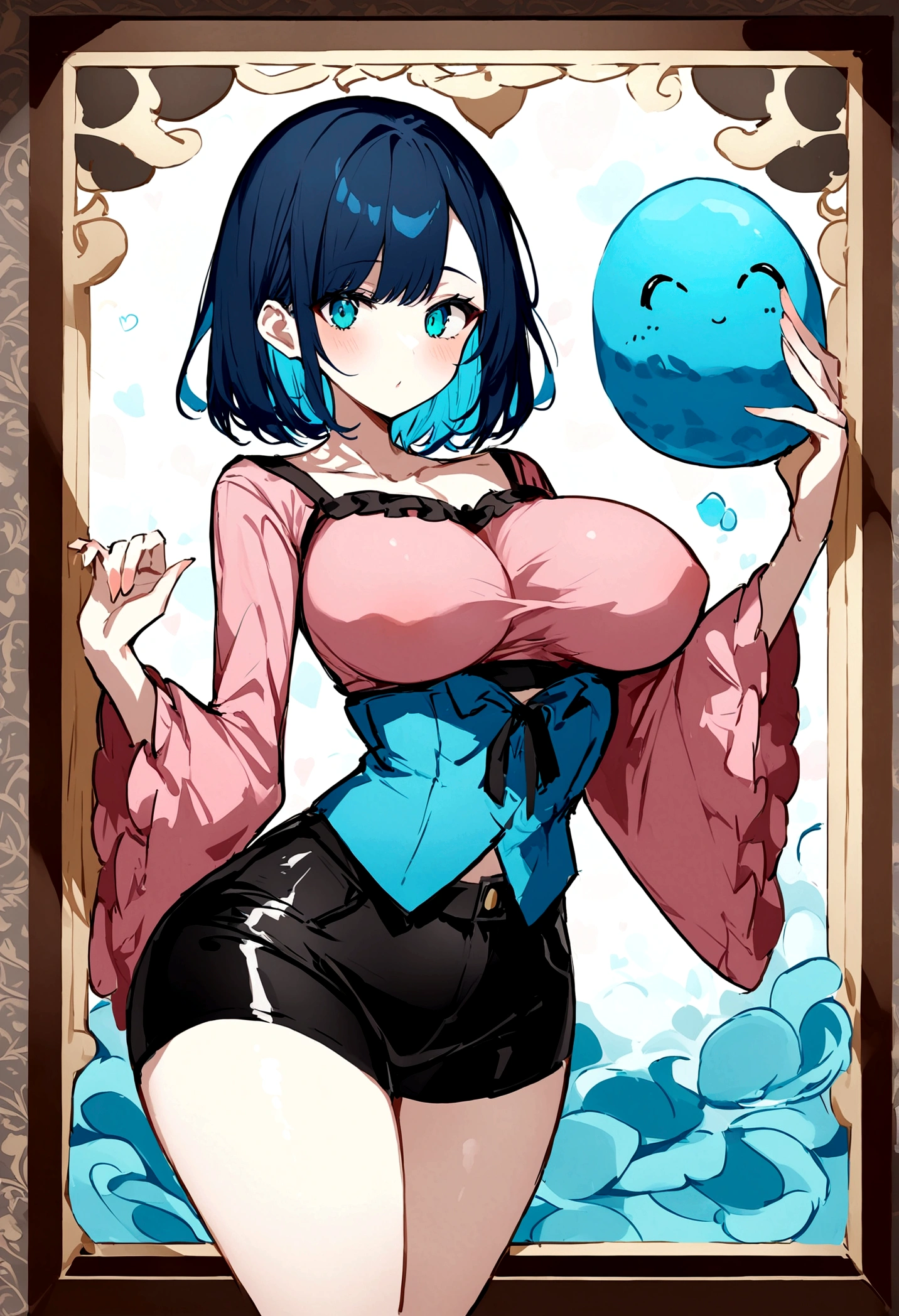 My name is Akari., I am a white test woman with long dark blue hair , turquoise eye color . I am 1.62 cm tall and weigh 47 kg. My breasts measure 260 cm, my waist 50 cm and my hips 220 cm. Dressed in a tight, low-cut pink blouse along with short black shorts . With big breasts 200 cm