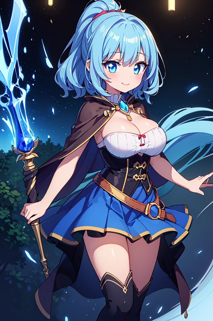 Fantasy,((Masterpiece)),((high resolution)),((Best Quality)),Anime illustration,((1girl)),(wavy hair),(short hair),(pale blue hair color),small ponytail,headband,Indigo eyes,(Big round eyes),(tareme),(child),,((baby face)),((very big breasts)),Short stature,Young,(loli),,ice wd,sleeveless white blouse,Blue mini skirt,slit,Brown corset,brown capelet,smile,,Brown long boots,wizard's wand with blue gem,