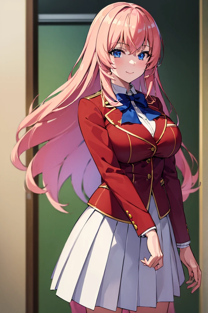 (masterpiece, best quality:1.5), (ultra detailed:1.4), super fine illustration, perfect anatomy, 8k portrait, anime screencap, 
1girl,
Ichinose honami, 
Ichinose honami \(youjitsu\),
long hair, 
pink hair, 
blue eyes, smile, standing, 
blue bow, 
large breasts, 
, red jacket, long sleeves, white skirt, pleated skirt, black calf socks, 
looking at viewer, 
cowboy shot, 
perfect light, background of indoor, 