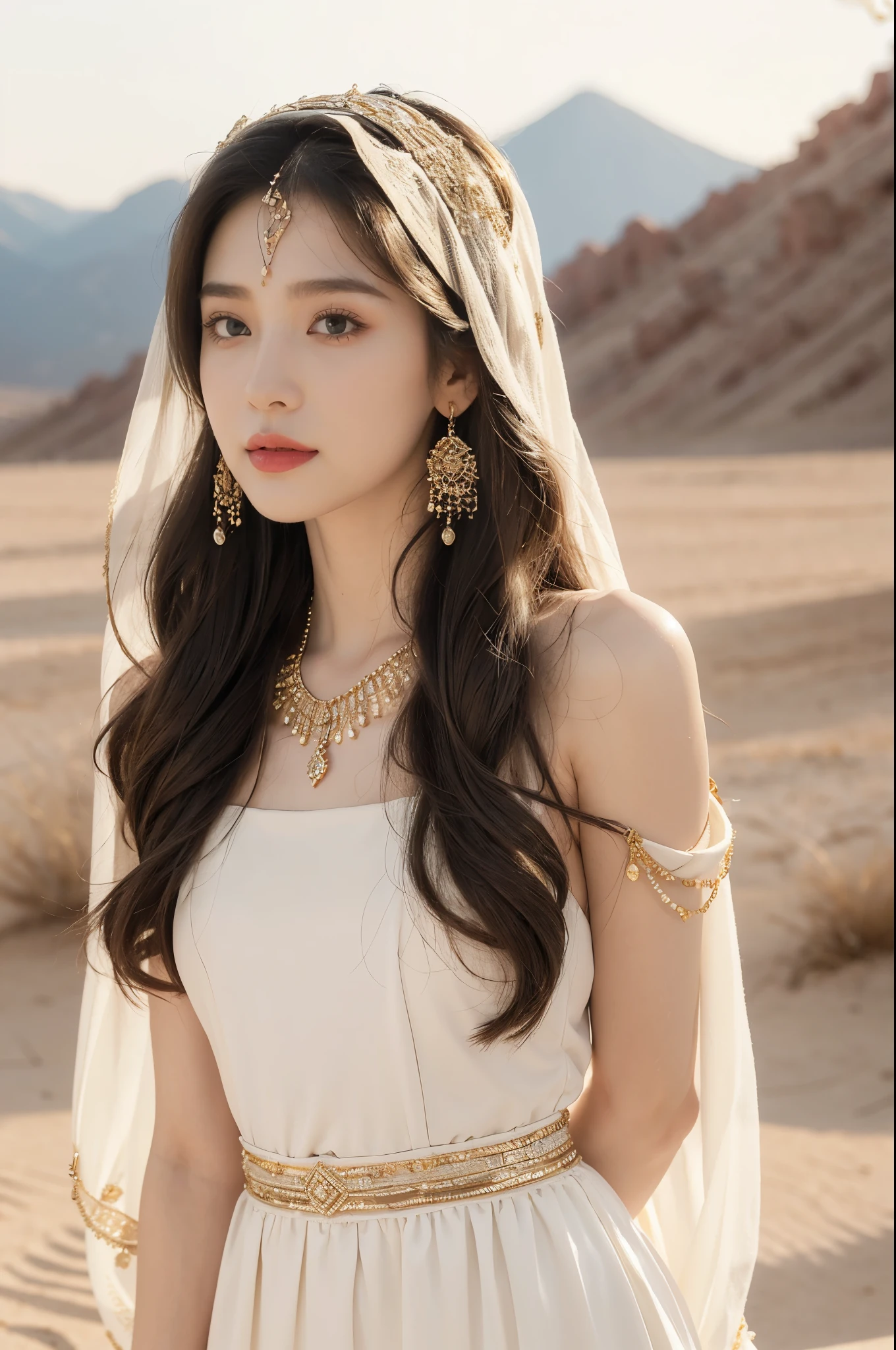 (((best quality))),(((ultra detailed))),(((masterpiece))),illustration,1girl, solo,princess, Arabic,slim,thin, ((palace, desert)),gold, gemstones,headscarf, veil on face,white sheer traditional clothing, hairband, deep eyes, elegant face, subtle smile,earrings,necklace,thighs,sunlight, shining, serene, environment,day scene,out door,standing,((upper body,from front)),((small breasts,flat chest,arms behind back))