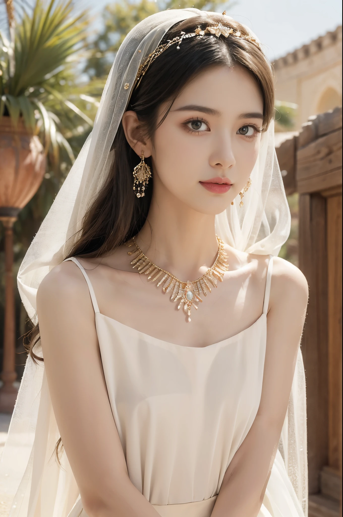 (((best quality))),(((ultra detailed))),(((masterpiece))),illustration,1girl, solo,princess, Arabic,slim,thin, ((palace, desert)),gold, gemstones,headscarf, veil on face,white sheer traditional clothing, hairband, deep eyes, elegant face, subtle smile,earrings,necklace,thighs,sunlight, shining, serene, environment,day scene,out door,standing,((upper body,from front)),((small breasts,flat chest,arms behind back))
