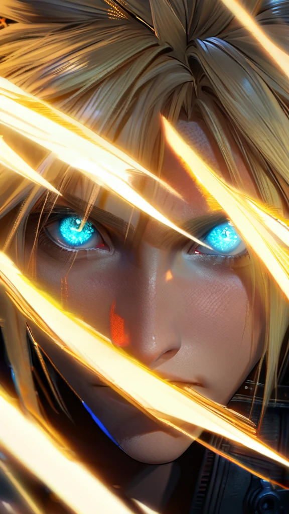 Symetrical,absurdres, highres, ultra detailed, HDR, masterpiece, extremely detailed face and eyes, Cloud Strife,final fantasy 7, yellow hair , , solo, man, handsome, ,blue eyes, , Epic fight scene, yellow lightning effect, glowing glitters, symetrical , close up