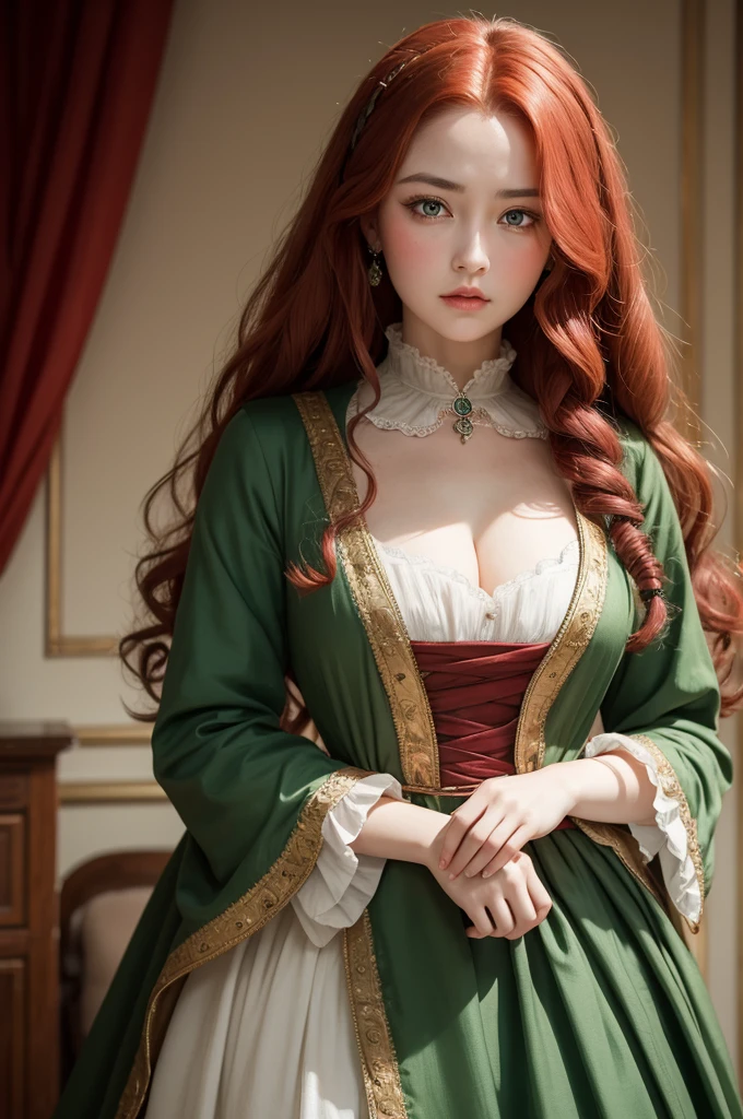 Beautiful 18th century noble woman, slightly overweight, with long curly red hair, greenish eyes and reddish lips, serious expression