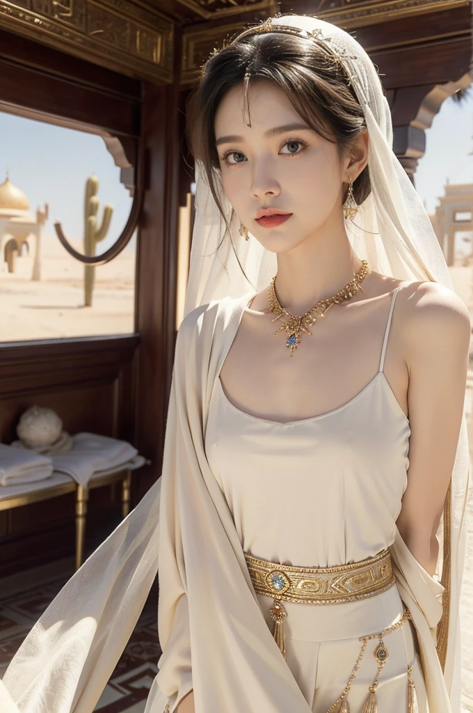 (((best quality))),(((ultra detailed))),(((masterpiece))),illustration,1girl, solo,princess, Arabic,slim,thin, ((palace, desert)),gold, gemstones,headscarf, veil on face,white sheer traditional clothing, hairband, deep eyes, elegant face, subtle smile,earrings,necklace,slender legs,sunlight, shining, serene, environment,day scene,out door,standing,((upper body,from front)),((small breasts,flat chest,arms behind back))
