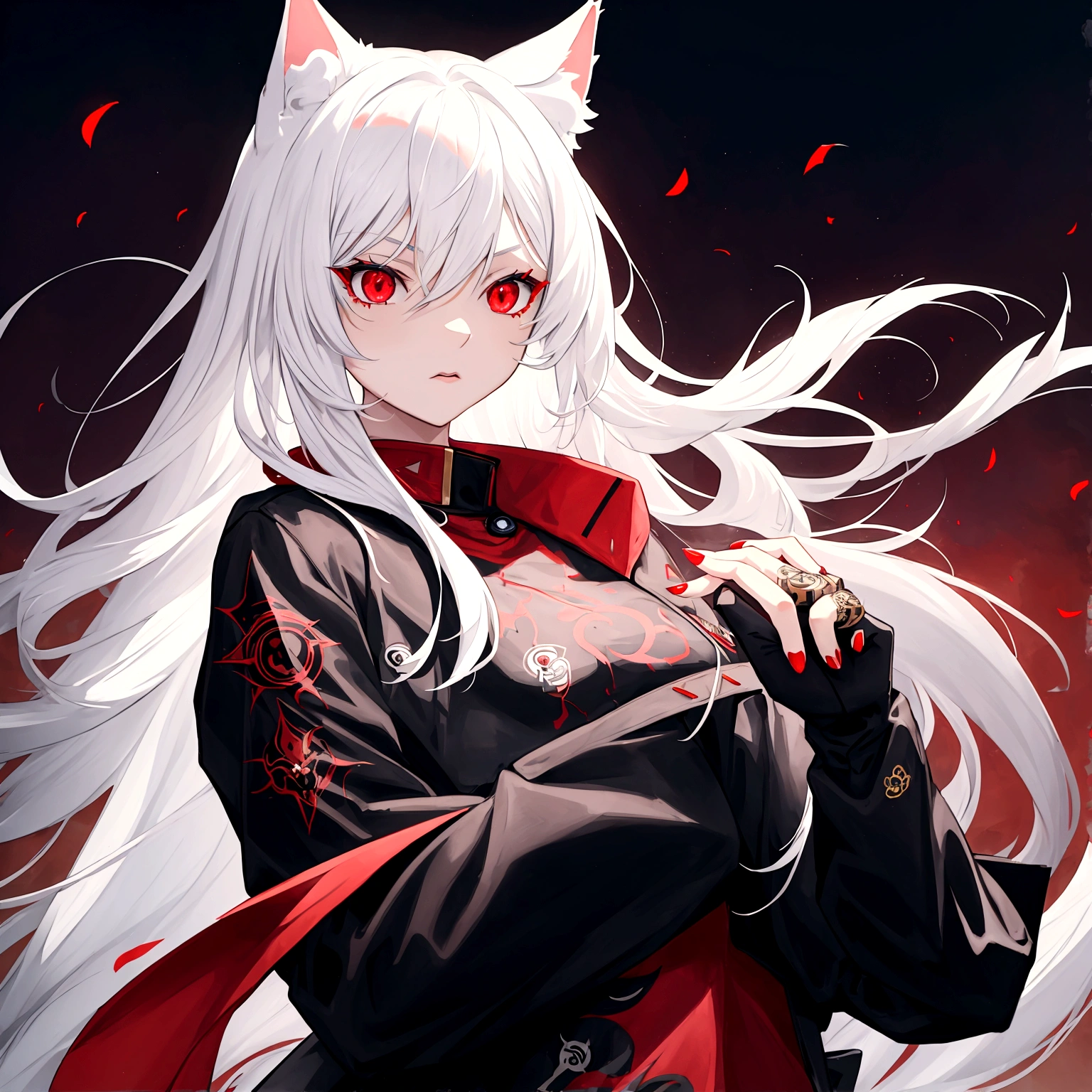 1 girl, beautiful, cool, intimidation, long hair, white hair, cat ear, red eye, black jacket, red t-shirt, nature place, anime, perfect, masterpiece, detailed, 2.5D
