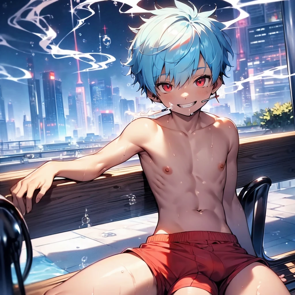 (solo:2), (boldline:-1.8), (smoking:1.6), (((bubble))), (sitting on bench:1.5), (spread legs:1.5), (((fang))), (((best finger))), BREAK (best quality:1.5), (absolutely resolution:1.5), (ultra detailed:1.5), (masterpiece:1.5), (perfect face), (detailed face), (detailed eyes), (best eyes), (cute face), (shota:2), BREAK (topless:1.5), BREAK (red short pants:1.5), (see throgh wet clothes:1.2), (bulge:1.6), (skinny:1.3), (spiked hair), BREAK (light blue hair:1.5), (wine red eyes:1.4), (eyes with highlight:1.6), ((mole under eye)), (sweaty skin), (light skin), (grin:1.5), ((earrings)), (shiny skin:1.3), BREAK (garden), (building:1.5), (at twilight:1.5), ((wind blowing)), ((nipple)), abs, groin,