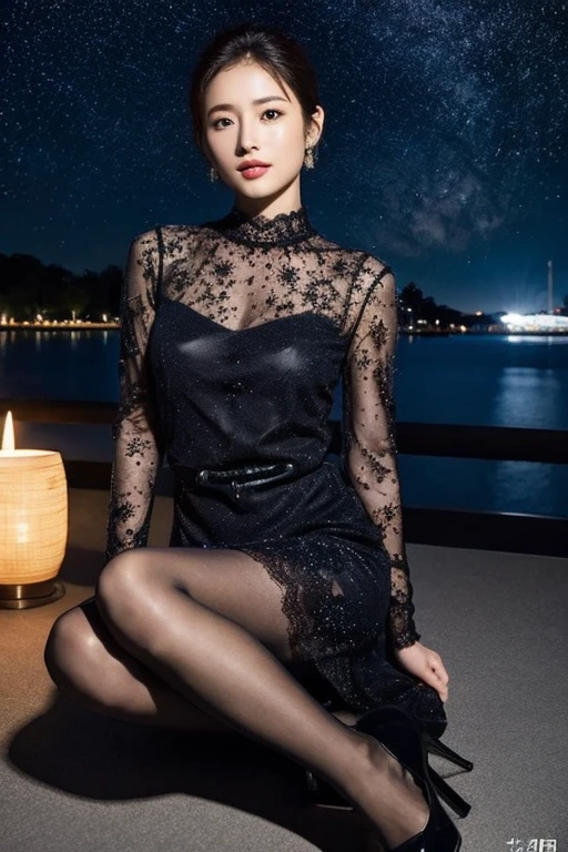 (8K, RAW Photos, Highest quality, masterpiece、Raw photo)、Portrait, Ultra high resolution raw color photos, Professional photos、Ultra-high resolution, 8K image wallpaper、(Realistic, Real photo),(1 person)、Beautiful woman with perfect body、Full body image, Glowing Skin、Glossy lips、Highly detailed face and skin texture、Detailed Eyes、double eyelid、Sharp long legs、Dark brown hair, (Happy expression)、((High-neck colorful lace dress))、(silk pantyhose)、High heels、Sitting pose, Night in the background、Wind、Starry Sky、moon、Focus on women