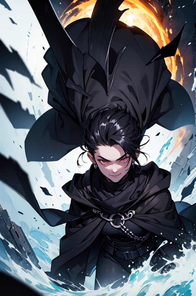 (Absurd, High resolution, Ultra-detailed), masterpiece, Highest quality, A man wearing black clothes and a black cloak, Has a black hole ,Holding a black hole in hand , 公式characterアート, short hair, Black Hair, Black red glowing eyes, Finely grained, Spiky Hair, City in Ruins, Dark Background, Black Swirl, Black swirl, Looking up from below, Looking up, Grin, character