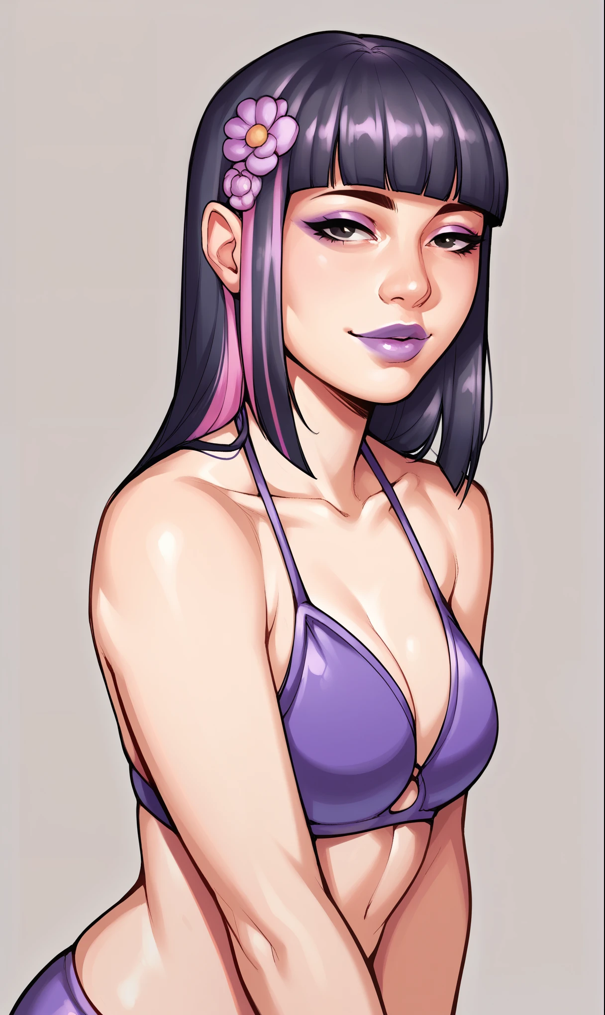 score_9, score_8_up, score_7_up, r1s0, 1girl, simple background, Asian, bikini, sunny, lovely, hime cut hair, gentle smile, purple lips, black eyes, 
