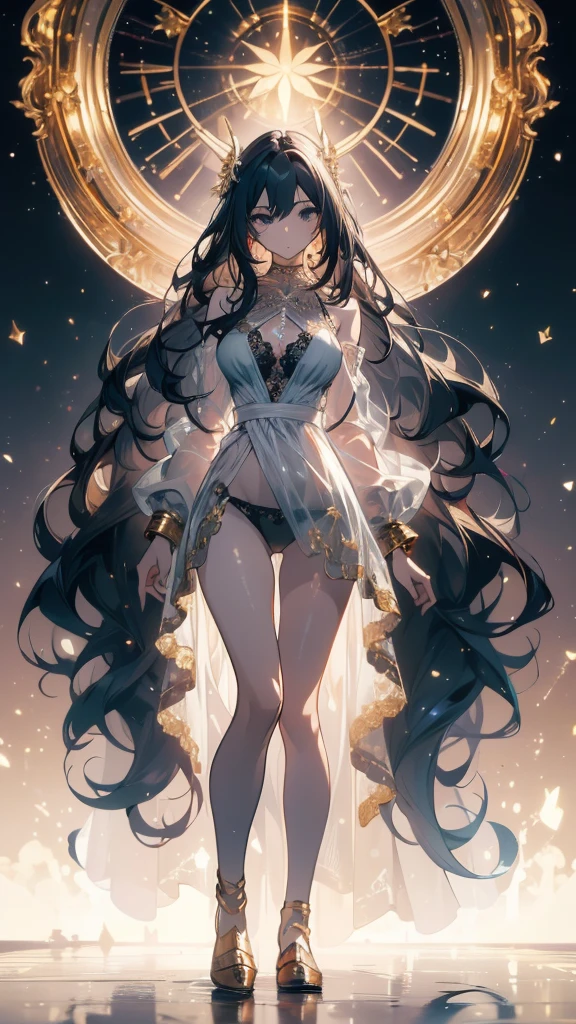 ((masterpiece, best quality)), Delicate face，knight，whole body，Standing picture，Long legs，Large Breasts，Gradient long wavy hair，Perfect body proportions，Beautiful black eyes，Extremely beautiful，transparent， Pure white background，cloud，Sexy Lingerie，Lace，Kaneko，Gold Mine，Gold jewelry，