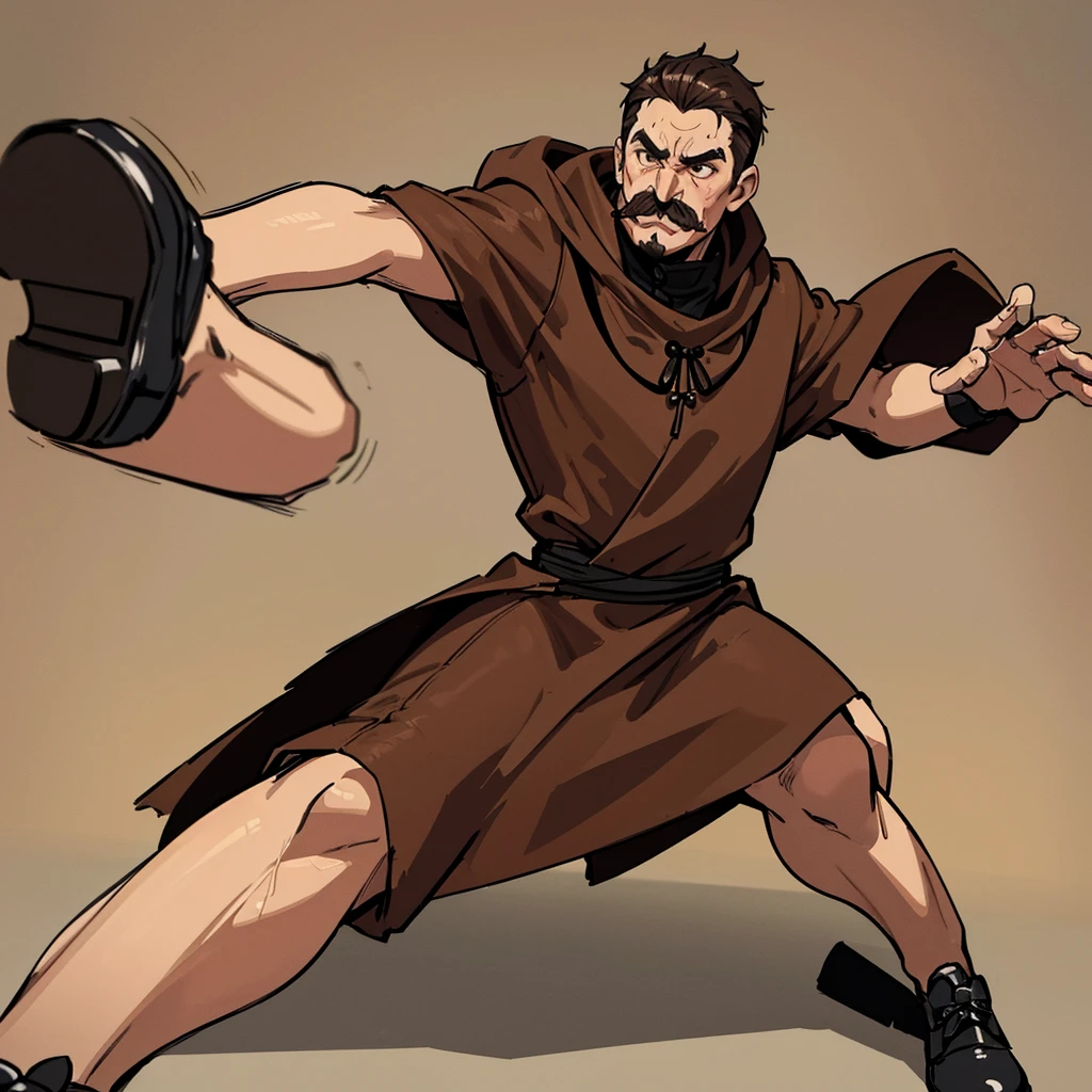 Highest quality, Best Quality,Best illustrations、middle ages、(((Simple brown robe)))、(40-year-old uncle、Kaiser moustache)、(Surprised、Surprise、Sweat)、Dramatic Angle、(Fighting stance、Movement angle、Flighting Pose)、(Black leather shoes)