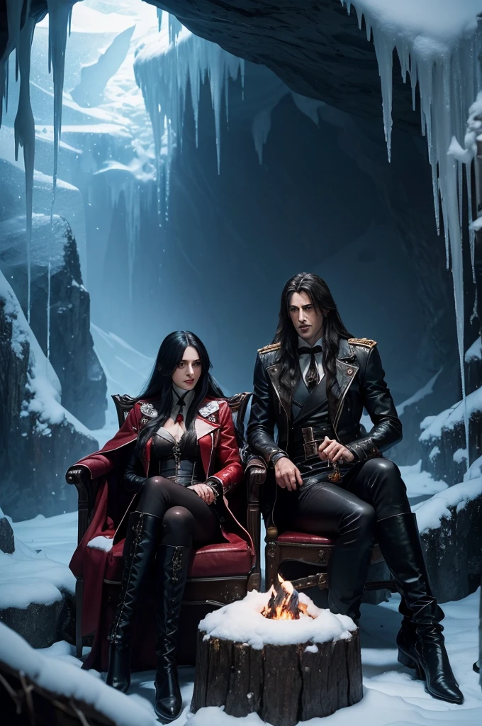 Alucard from Castlevania resting in an ice cave, sitting under a fire, along with a woman in Robin Wood&#39;s clothes who is playing a lute for the two of them.
