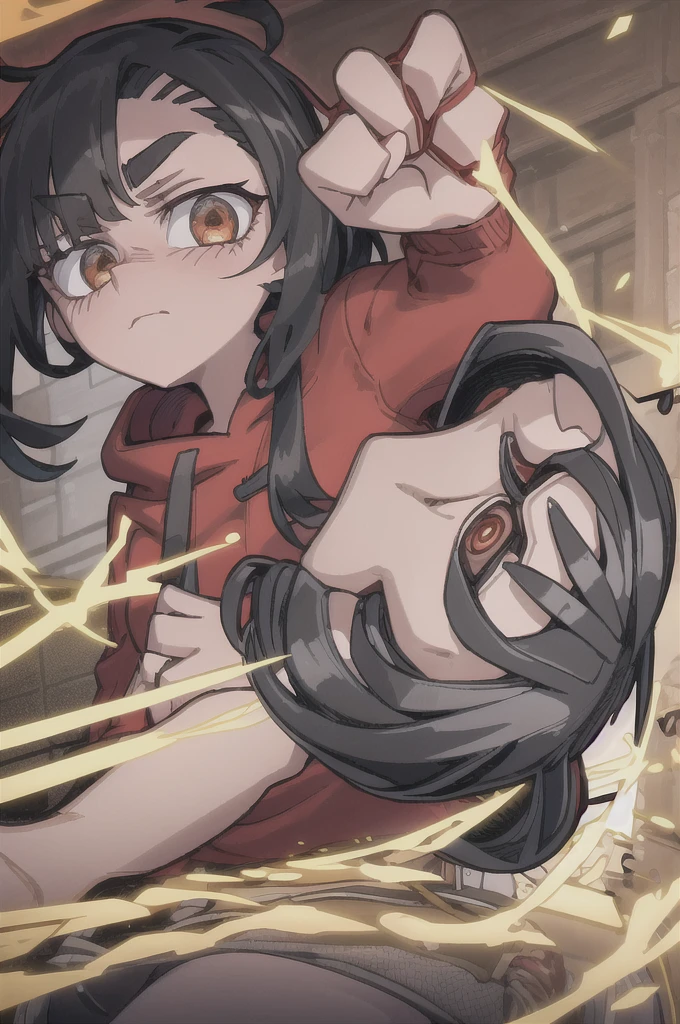 Girl, medium-length black haired, brown eyes, tired expression, red hoodie, airheaded, holding the black sword, beige dress underneath the red hoodie.