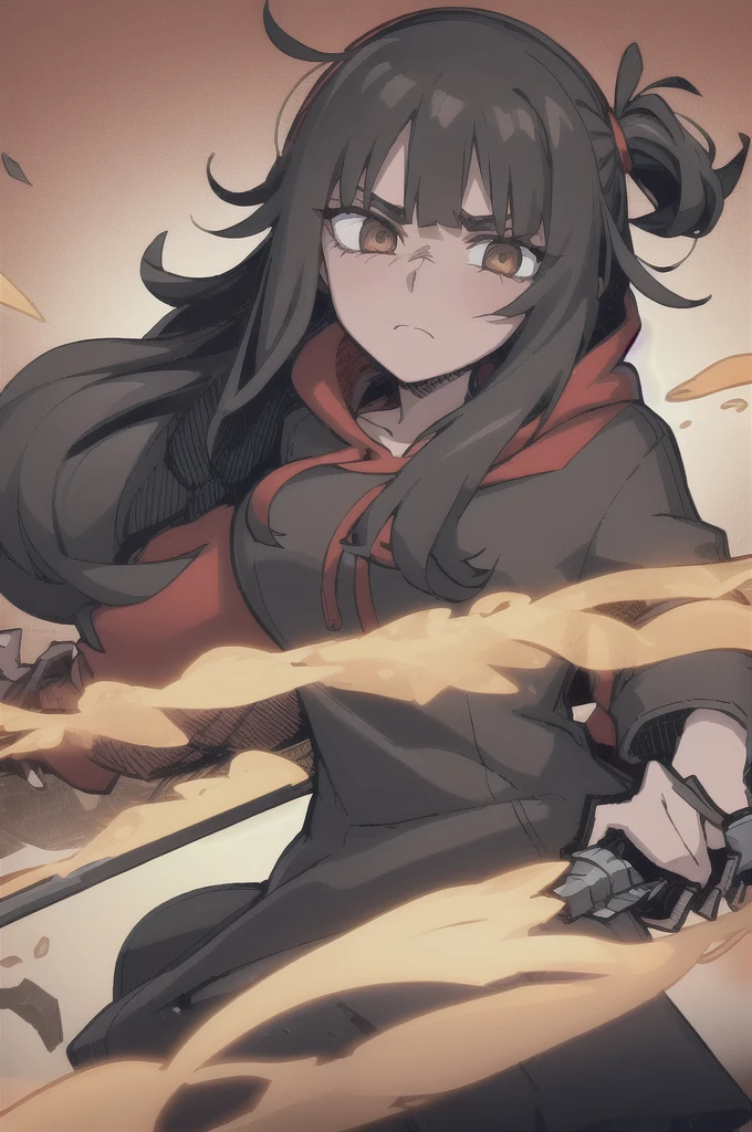 Girl, medium-length black haired, brown eyes, tired expression, red hoodie, airheaded, holding the black sword, beige dress underneath the red hoodie.