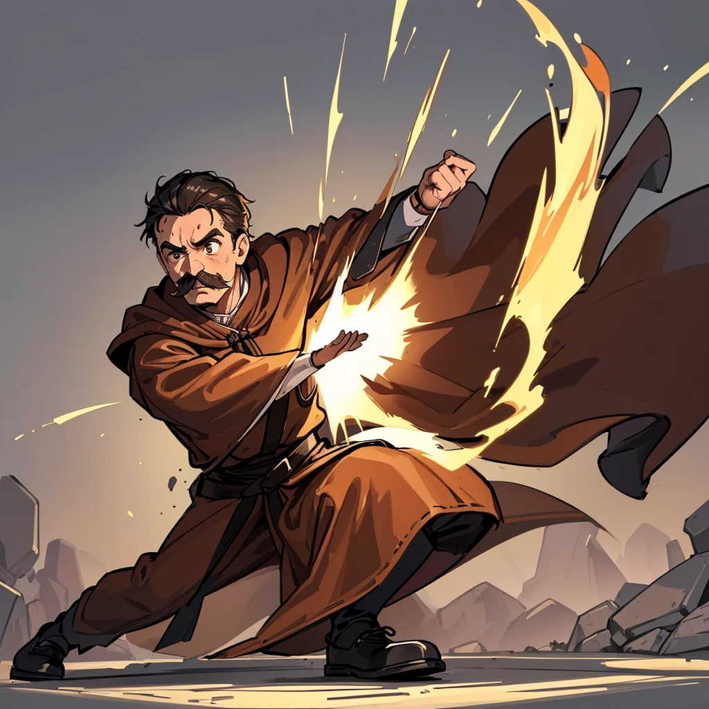 Highest quality, Best Quality,Best illustrations、middle ages、(((Simple brown robe)))、(40-year-old uncle、Kaiser moustache)、(Surprised、Surprise、Sweat、Open your mouth wide)、Dramatic Angle、(Fighting stance、Movement angle、Flighting Pose)、(Black leather shoes)