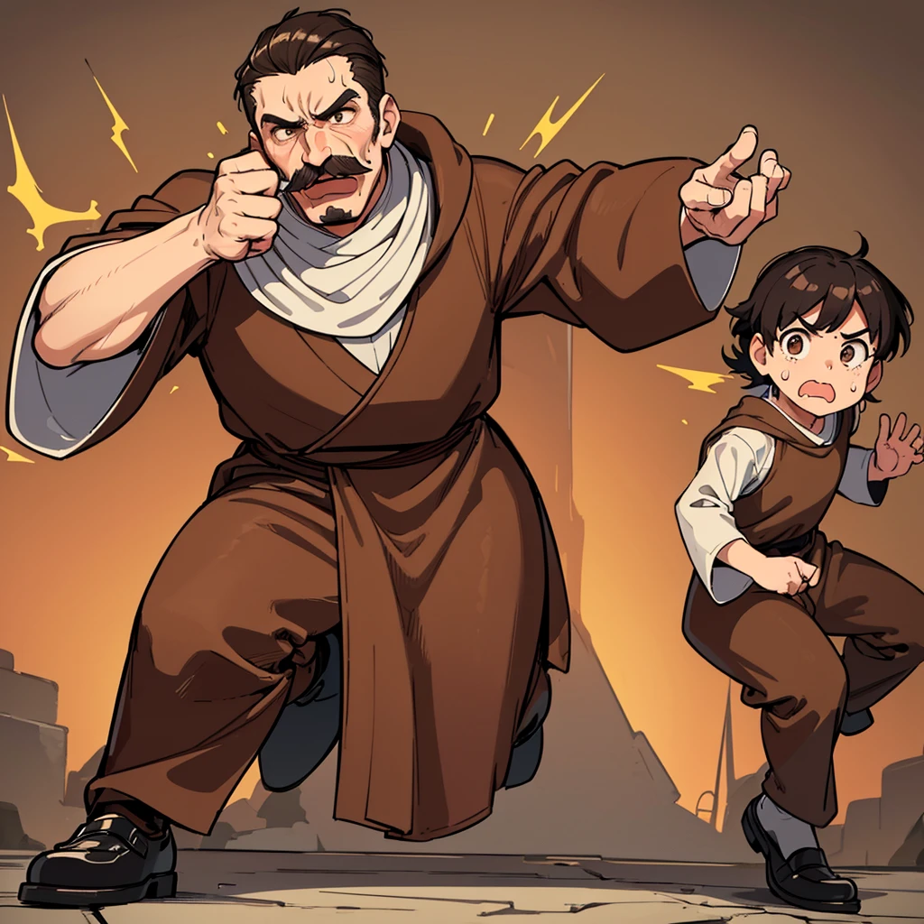 Highest quality, Best Quality,Best illustrations、middle ages、(((Simple brown robe)))、(40-year-old uncle、Kaiser moustache)、(Surprised、Surprise、Sweat、Open your mouth wide)、Dramatic Angle、(Fighting stance、Movement angle、Flighting Pose)、(Black leather shoes)