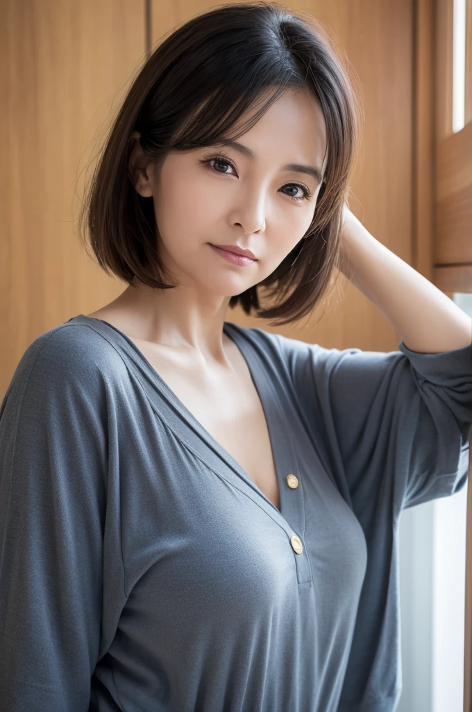 Elderly、Mature Woman、Aunt、Wrinkles、Beauty Witch,face,ID photo,faceアップ,60age、Portraiture, 8K, high quality, Realistic Photographic Images, age, Japanese women, Neat and clean wife, Small breasts, small, housewife, Natural and realistic eyes, Japan Person Stand, small, beautiful Black Hair, short hair, light makeup, Octane Rendering, Beautiful lighting, Golden ratio composition, 笑face, Casual wear, Casual clothing, Natural background, Blurred Background, 8K, high quality, Realistic Photographic Images, Japanese women,60age, 純日本face, Beautiful wife, small breasts, light makeup, No makeup, Pure beauty, Mature Woman, gray, beige, Thin blue, Sober, Casual clothing, 笑face, Black Hair, small black eyes, Background Blur