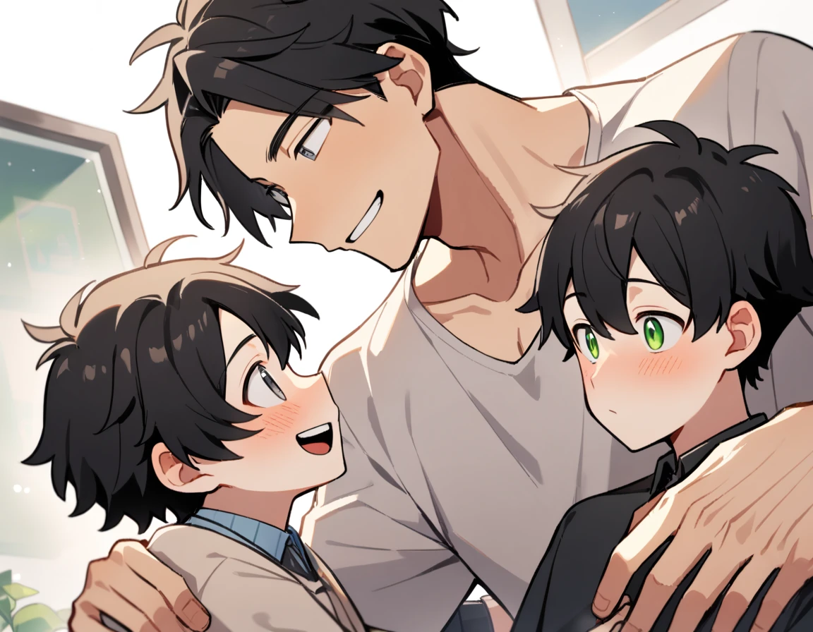 2 young men, focus man , Yaoi, family, 1 daughter, 2 twin sons, portable princess, bear, look elsewhere, smile, short hair, black hair, green eyes, black hair, gray eyes , The best aesthetics , best quality, Amazing quality, The best aesthetics, nonsense,bright