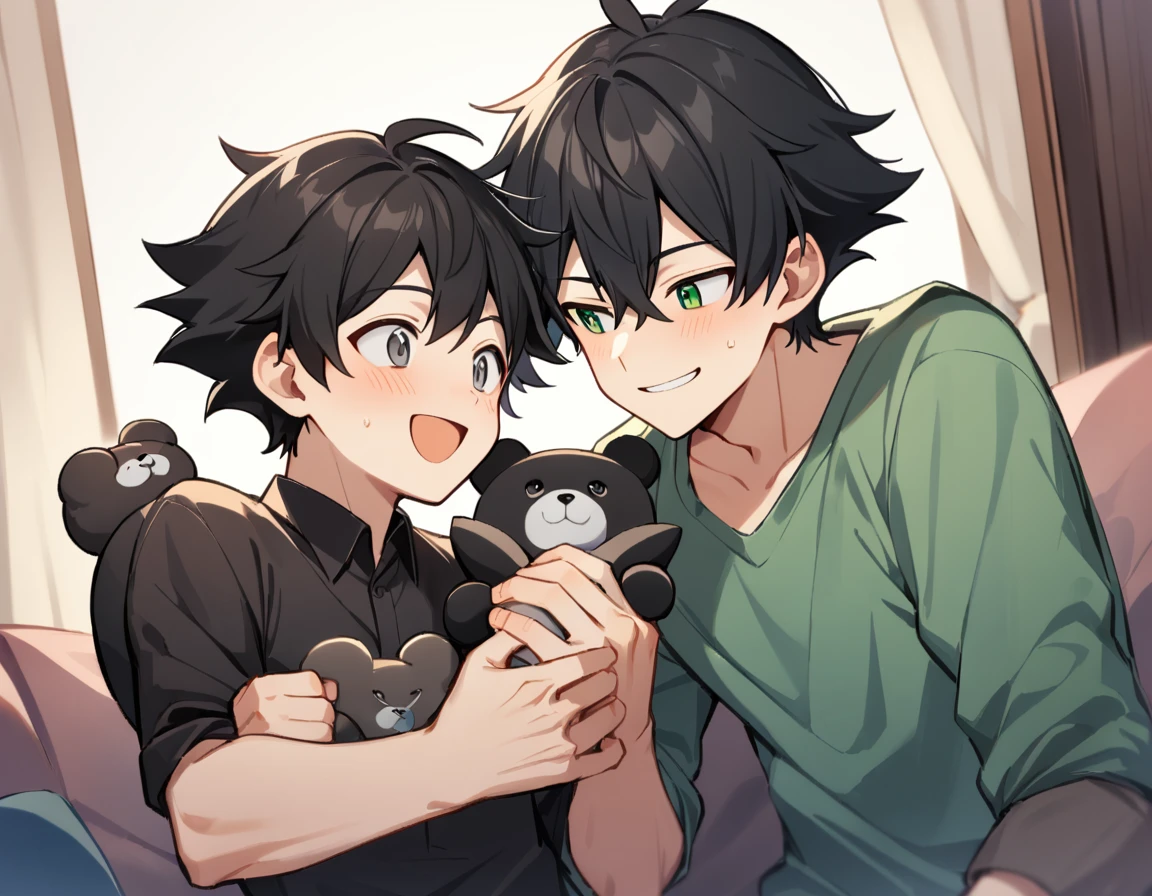 2 young men, focus man , Yaoi, family, 1 daughter, 2 twin sons, portable princess, bear, look elsewhere, smile, short hair, black hair, green eyes, black hair, gray eyes , The best aesthetics , best quality, Amazing quality, The best aesthetics, nonsense,bright