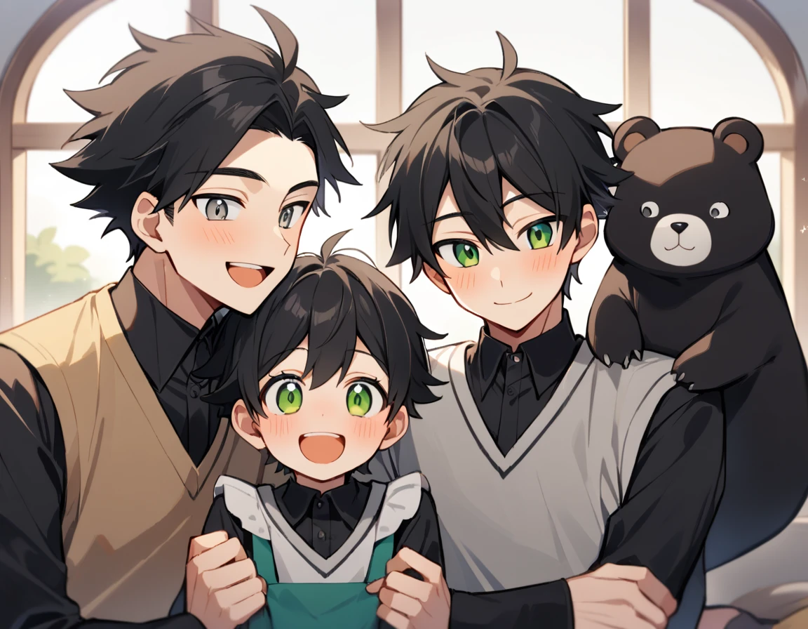2 young men, focus man , Yaoi, family, 1 daughter, 2 twin sons, portable princess, bear, look elsewhere, smile, short hair, black hair, green eyes, black hair, gray eyes , The best aesthetics , best quality, Amazing quality, The best aesthetics, nonsense,bright

