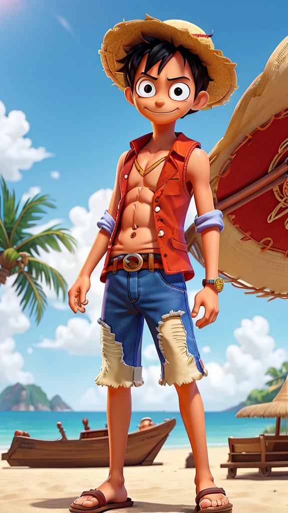 Generate an image of Monkey D. Luffy from One Piece. He should have his signature straw hat, a red vest, blue shorts, and a scar under his left eye. Luffy should be smiling confidently, with his black hair and sandals visible. The background can be a sunny beach or a pirate ship.