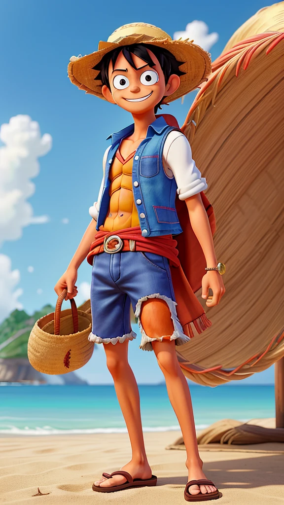 Generate an image of Monkey D. Luffy from One Piece. He should have his signature straw hat, a red vest, blue shorts, and a scar under his left eye. Luffy should be smiling confidently, with his black hair and sandals visible. The background can be a sunny beach or a pirate ship.