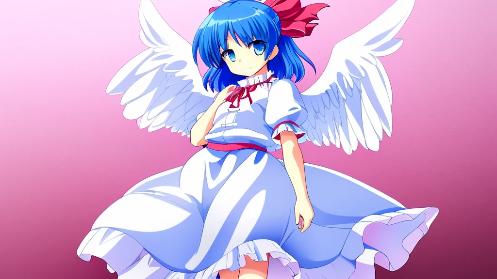 masterpiece, best quality, 1girl, , , , medium blue hair, hair flaps, pink ribbon on head, well-formed face, blue eyes, angel girl, white blouse, puffy short sleeves, red ribbon, angel wings, long white skirt, red shoes, frills, ribbon head
