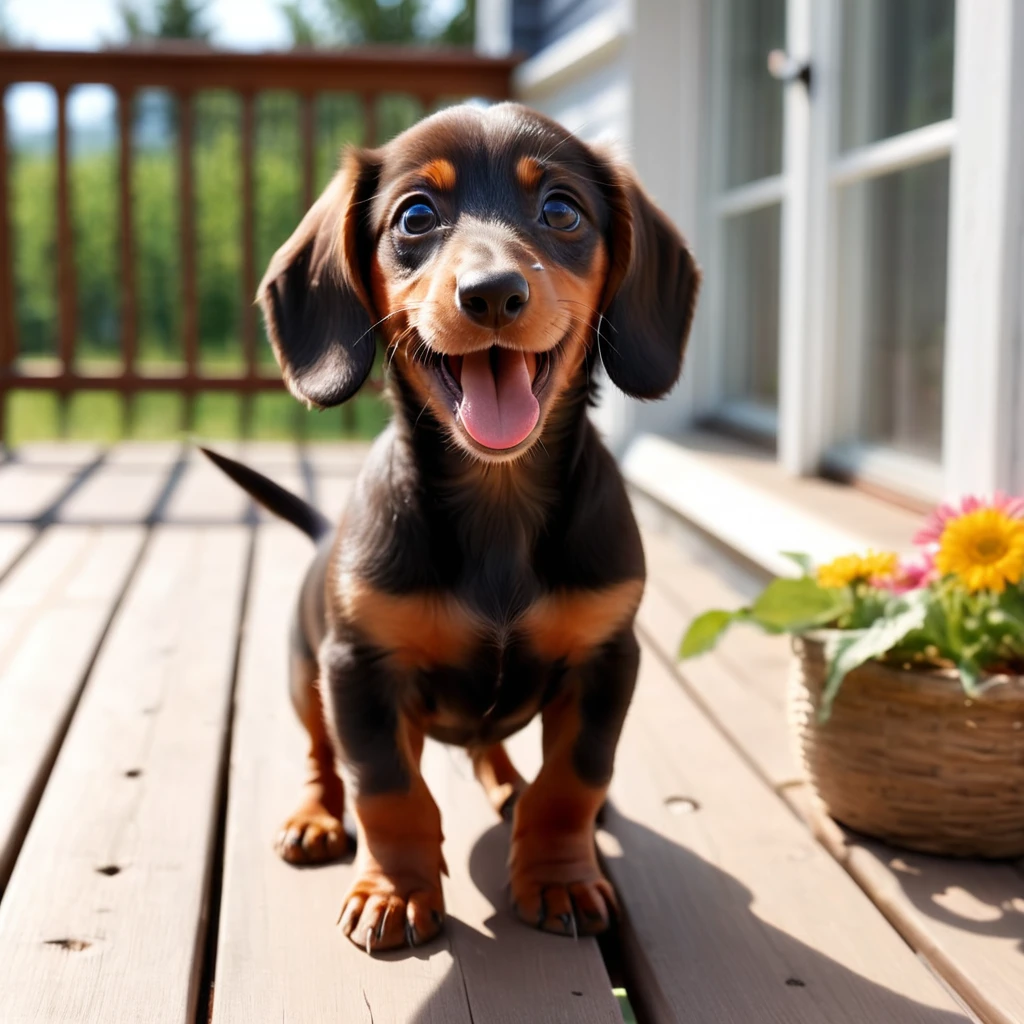 Small dachshund puppy playing on the porch, noon, summer, Volumetric Light,The dog seems happy, Stick your tongue out, Panting and laughing,