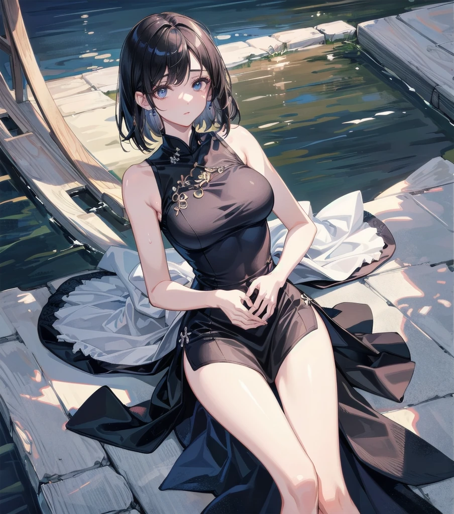 absurdres, RAW photo, extremely delicate and beautiful, masterpiece, Best Quality, ultra high resolution, 32k, hyperrealistic, ultra-detailed, delicate facial features, beautiful detailed woman, tearful mole, earring, medium breasts, full body shot, medium hair, black hair, Legendary Pirate, blouse, short skirt, off shoulder, Eroded Coastline,