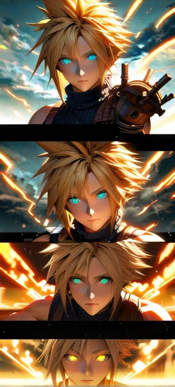 Symetrical,absurdres, highres, ultra detailed, HDR, masterpiece, extremely detailed face and eyes, Cloud Strife,final fantasy 7, yellow hair , , solo, man, handsome, ,, , cool pose, yellow lightning effect, glowing glitters, symetrical , 