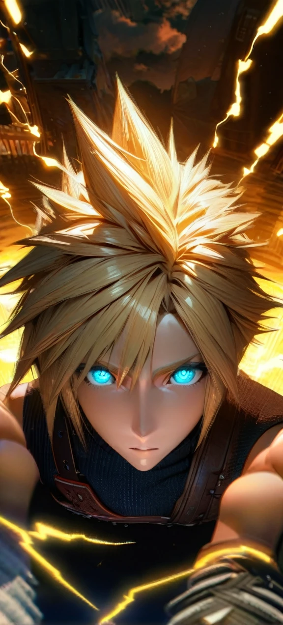 Symetrical,absurdres, highres, ultra detailed, HDR, masterpiece, extremely detailed face and eyes, Cloud Strife,final fantasy 7, yellow hair , , solo, man, handsome, ,, , cool pose, yellow lightning effect, glowing glitters, symetrical ,
