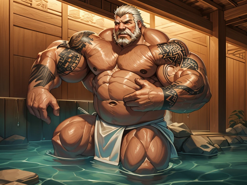 An old man soaking in an onsen, white hair, half submerged, (huge muscular), (yakuza tattoo:1.2), detailed muscles, 8k, masterpiece:1.2, hyperrealistic, white fundoshi, highly detailed full body, really big muscle, massive muscle, thick arms, wide pectoral, submerged, floating steam, rich colors, serene atmosphere, traditional Japanese setting, wooden hot spring, soft ambient lighting, wrinkled skin, tranquil expression, reflective water, peaceful relaxation