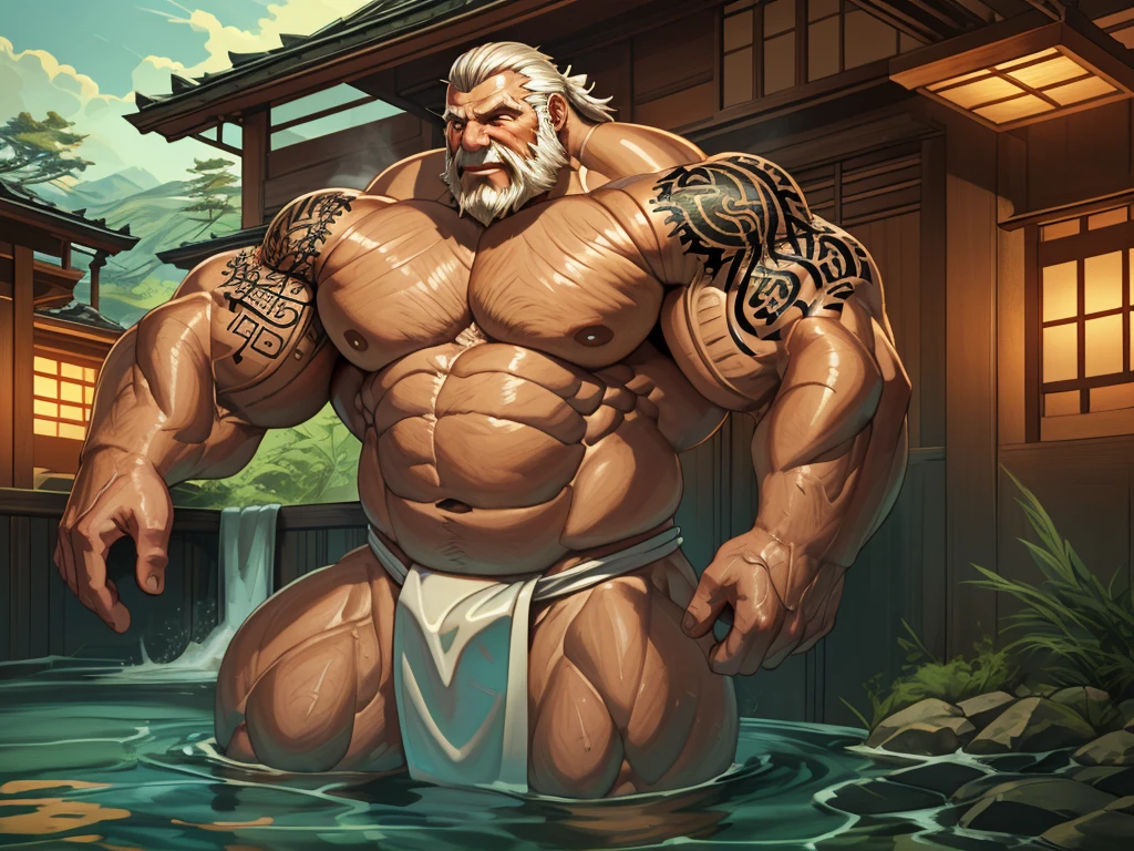 An old man soaking in an onsen, white hair, half submerged, (huge muscular), (yakuza tattoo:1.2), detailed muscles, 8k, masterpiece:1.2, hyperrealistic, white fundoshi, highly detailed full body, really big muscle, massive muscle, thick arms, wide pectoral, submerged, floating steam, rich colors, serene atmosphere, traditional Japanese setting, wooden hot spring, soft ambient lighting, wrinkled skin, tranquil expression, reflective water, peaceful relaxation