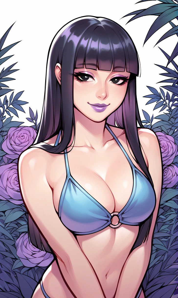 score_9, score_8_up, score_7_up, r1s0, 1girl, plant background, Asian, bikini, sunny, lovely, hime cut hair, gentle smile, purple lips, black eyes, 
