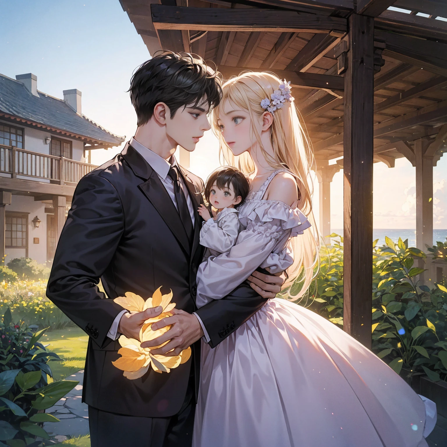 Very delicate and beautiful, wonderful, In detail, masterpiece, Super detailed, High resolution,Best illustrations, Best Shadow,Complex,Sharp focus,  high quality, A young father holds his young twin boys and girls in his arms tightly and warmly、Draw a scene filled with love and security.。My father is on his way home from work.、Children are innocent and carefree。In the background澄み切った青空が広がり、A view of a stylish modern mansion in Pula, Croatia in summer。The bright sunlight illuminates the house and the sparkling sea.。

In fact, this３０The father of the generation was the former Constantine１This is the world.、The boy-girl twins are formerly Crispus and Fausta。The whole scene、atonement、Forgiveness、Healing、Purification、And the theme of repairing relationships was emphasized.、It expresses the moment when family love and bonds deepen.。

The father&#39;s expression shows deep love and relief.、The twins have innocent smiles on their faces.。In the background、The beautiful sea of Croatia spreads out before you、The sparkle enhances happy family moments.。